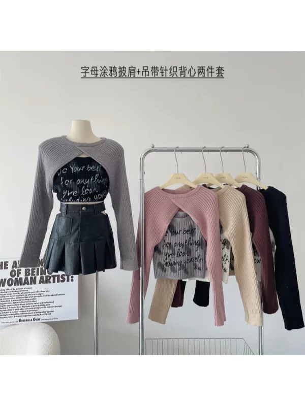 Y2K Grunge Two-Piece Set: Knit Long Sleeve T-Shirts & Dark Academia Crop Tops