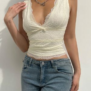 Y2K Grunge V-Neck Lace Sleeveless Crop Top - Cute Casual Streetwear for Women