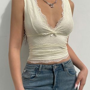 Y2K Grunge V-Neck Lace Sleeveless Crop Top - Cute Casual Streetwear for Women