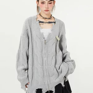 Y2K Grunge V-Neck Ripped Cardigan - Dark Academia Aesthetic