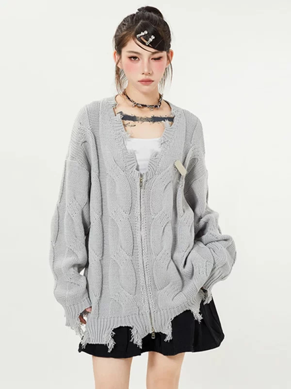 Y2K Grunge V-Neck Ripped Cardigan - Dark Academia Aesthetic