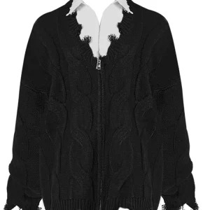 Y2K Grunge V-Neck Ripped Cardigan - Dark Academia Aesthetic