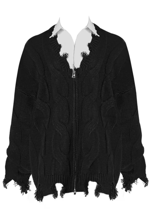 Y2K Grunge V-Neck Ripped Cardigan - Dark Academia Aesthetic