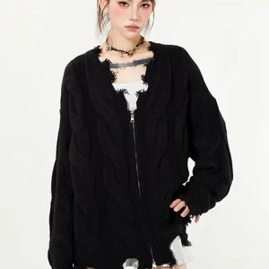 Y2K Grunge V-Neck Ripped Cardigan - Dark Academia Aesthetic