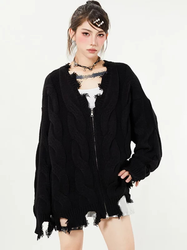 Y2K Grunge V-Neck Ripped Cardigan - Dark Academia Aesthetic