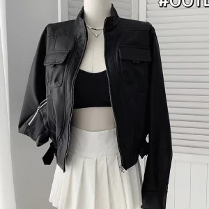 Y2K Grunge Varsity Jacket - Vintage Black Faux Leather Crop Coat