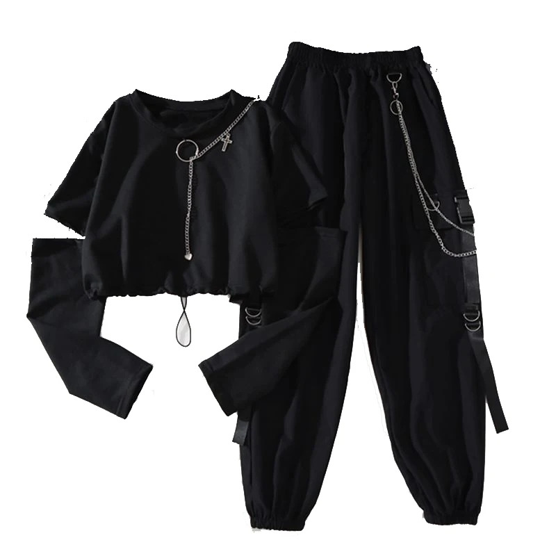 Y2K Harajuku Cargo Pants Two-Piece Suit - Cool Chain Long Sleeve & Ribbon Pants Retro 90s Fashion