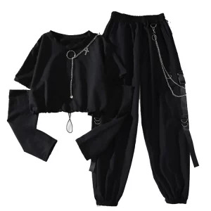 Y2K Harajuku Cargo Pants Two-Piece Suit - Cool Chain Long Sleeve & Ribbon Pants Retro 90s Fashion