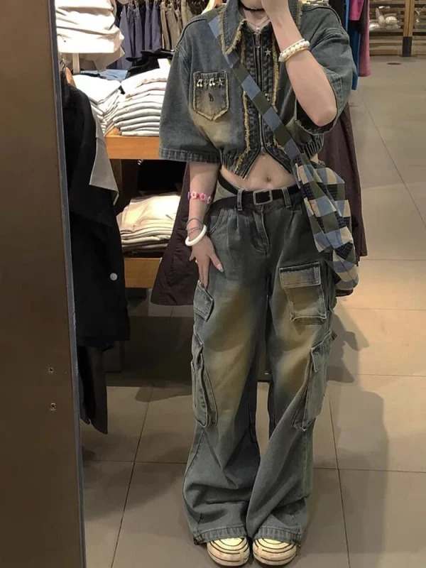 Y2K Harajuku Grunge Baggy Jeans - Multi-Pocket Wide Leg Denim Cargo Pants - Vintage Trashy