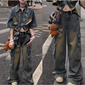 Y2K Harajuku Grunge Baggy Jeans - Multi-Pocket Wide Leg Denim Cargo Pants - Vintage Trashy