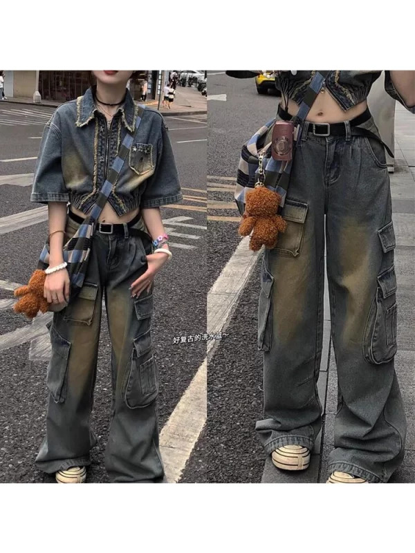 Y2K Harajuku Grunge Baggy Jeans - Multi-Pocket Wide Leg Denim Cargo Pants - Vintage Trashy