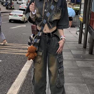 Y2K Harajuku Grunge Baggy Jeans - Multi-Pocket Wide Leg Denim Cargo Pants - Vintage Trashy