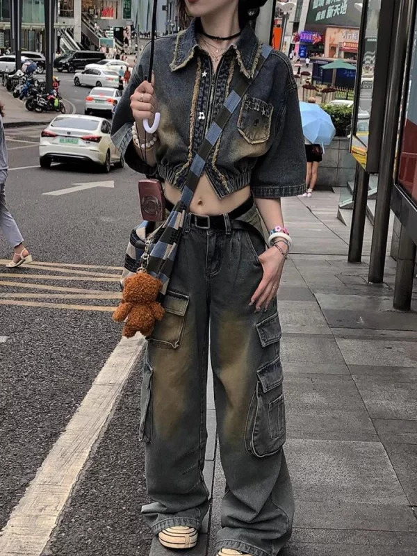 Y2K Harajuku Grunge Baggy Jeans - Multi-Pocket Wide Leg Denim Cargo Pants - Vintage Trashy