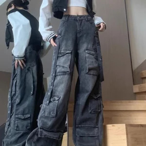 Y2K Harajuku Grunge Cargo Pants - Dark Academia Low Rise Denim - Trashy Japanese Streetwear Cyber