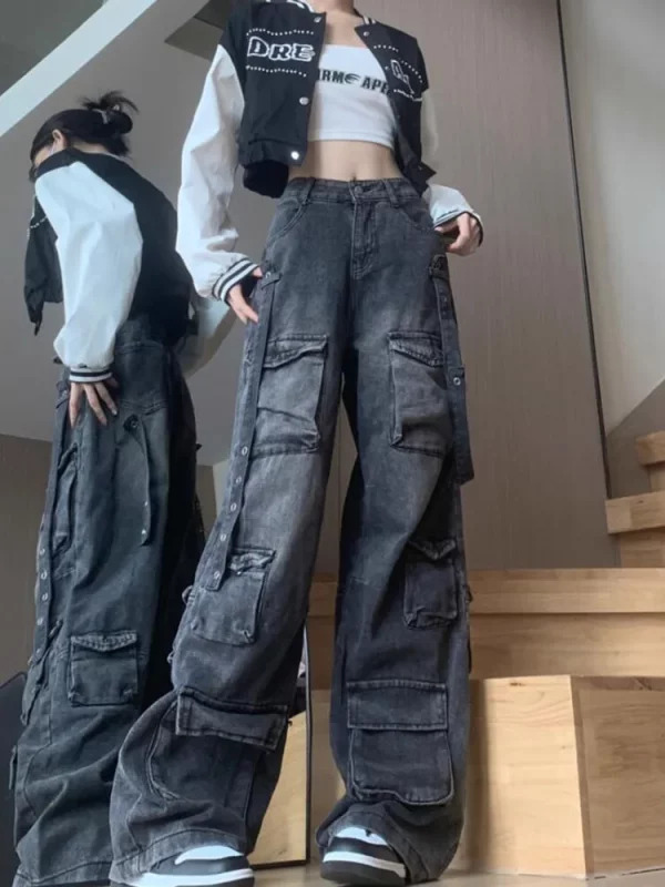 Y2K Harajuku Grunge Cargo Pants - Dark Academia Low Rise Denim - Trashy Japanese Streetwear Cyber