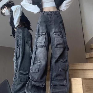 Y2K Harajuku Grunge Cargo Pants - Dark Academia Low Rise Denim - Trashy Japanese Streetwear Cyber