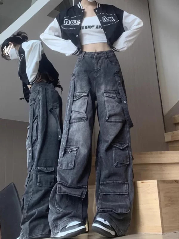 Y2K Harajuku Grunge Cargo Pants - Dark Academia Low Rise Denim - Trashy Japanese Streetwear Cyber