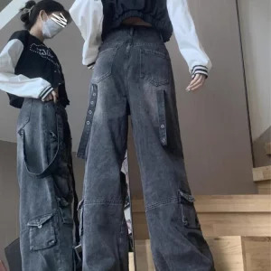 Y2K Harajuku Grunge Cargo Pants - Dark Academia Low Rise Denim - Trashy Japanese Streetwear Cyber