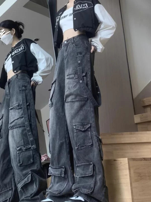 Y2K Harajuku Grunge Cargo Pants - Dark Academia Low Rise Denim - Trashy Japanese Streetwear Cyber