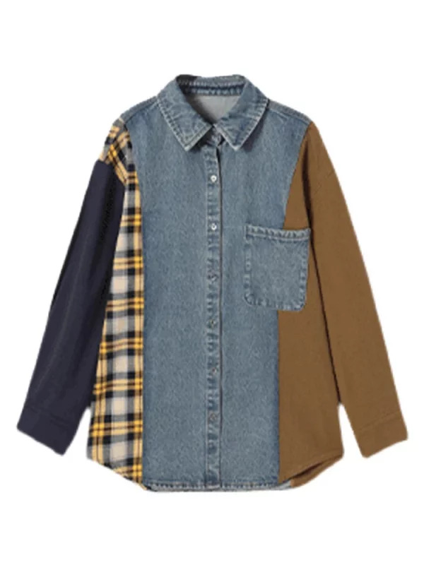 Y2K Harajuku Plaid Spliced Denim Blouse - Women's Streetwear Overshirt