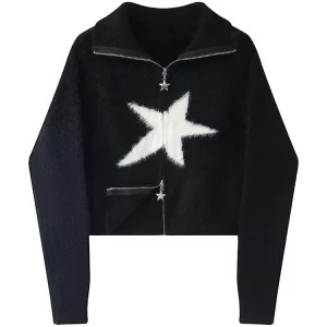 Y2K Harajuku Star Fluffy Knit Cardigan - Autumn Winter Japanese Streetwear