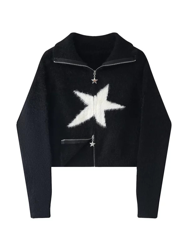 Y2K Harajuku Star Fluffy Knit Cardigan - Autumn Winter Japanese Streetwear