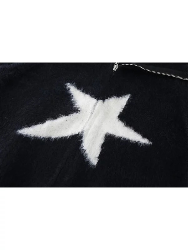 Y2K Harajuku Star Fluffy Knit Cardigan - Autumn Winter Japanese Streetwear