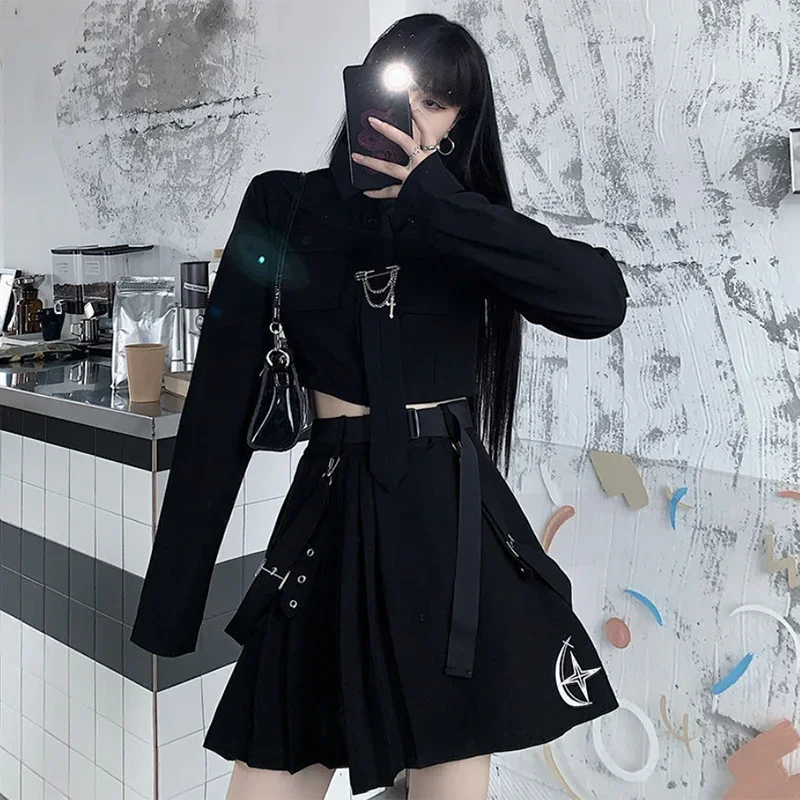 Y2K Harajuku Streetwear Two-Piece Skirt Set - Oversize Punk Chain Ribbon, Retro 90s Fashion