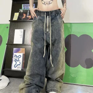 Y2K Harajuku Streetwear: Vintage High Waist Wide Leg Denim Pants - Spring Autumn Women's Elastic Waist Jeans Chic Loose Trousers