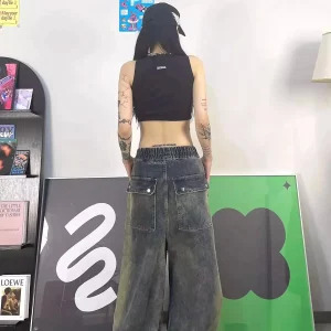 Y2K Harajuku Streetwear: Vintage High Waist Wide Leg Denim Pants - Spring Autumn Women's Elastic Waist Jeans Chic Loose Trousers