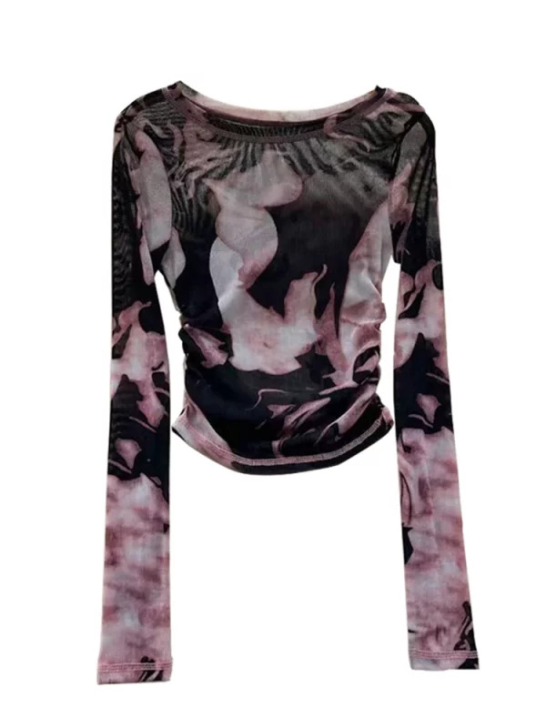 Y2K Harajuku Tie Dye Gauze T-Shirt - O-Neck Long Sleeve Crop Top for Women