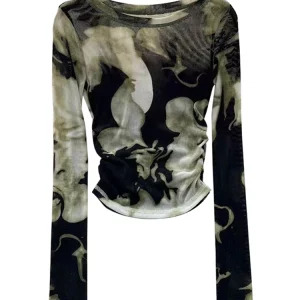 Y2K Harajuku Tie Dye Gauze T-Shirt - O-Neck Long Sleeve Crop Top for Women