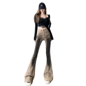 Y2K High Waist Gyaru Flare Jeans - Dark Academia Bell Bottom Trashy Japanese Streetwear Denim Pants