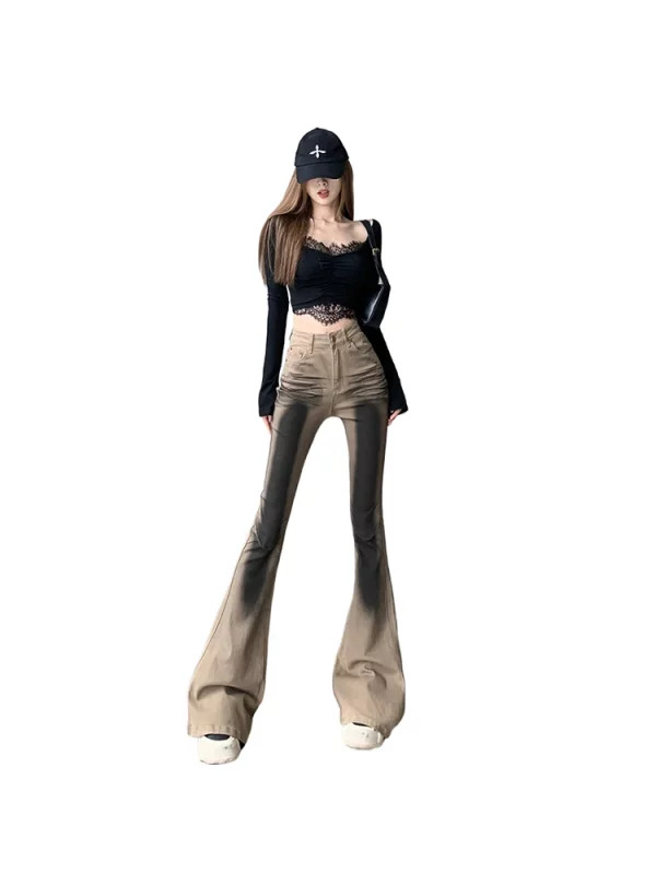 Y2K High Waist Gyaru Flare Jeans - Dark Academia Bell Bottom Trashy Japanese Streetwear Denim Pants