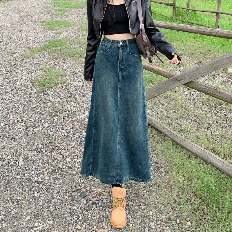 Y2K High Waist Split Denim Skirt - Vintage Blue A-Line Jean Skirt for Summer 2024 Retro Fashion