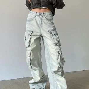 Y2K High Waisted Cargo Pants for Women - Baggy, Stretchy, Wide Leg Streetwear with 4 Pockets