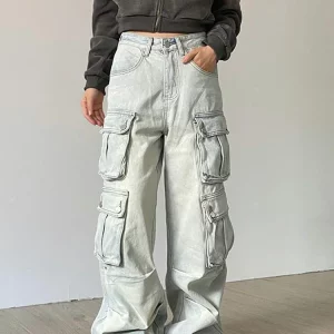 Y2K High Waisted Cargo Pants for Women - Baggy, Stretchy, Wide Leg Streetwear with 4 Pockets