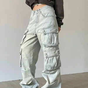 Y2K High Waisted Cargo Pants for Women - Baggy, Stretchy, Wide Leg Streetwear with 4 Pockets