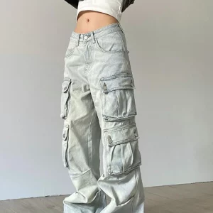 Y2K High Waisted Cargo Pants for Women - Baggy, Stretchy, Wide Leg Streetwear with 4 Pockets