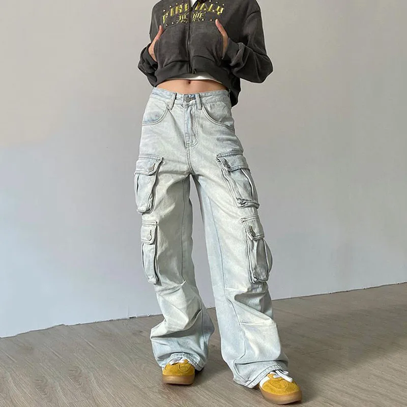 Y2K High Waisted Cargo Pants for Women - Baggy, Stretchy, Wide Leg Streetwear with 4 Pockets