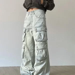 Y2K High Waisted Cargo Pants for Women - Baggy, Stretchy, Wide Leg Streetwear with 4 Pockets