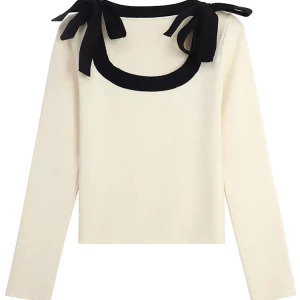 Y2K Inspired Square Collar Sweater - Korean Fashion Long Sleeve Contrast Color Jumper