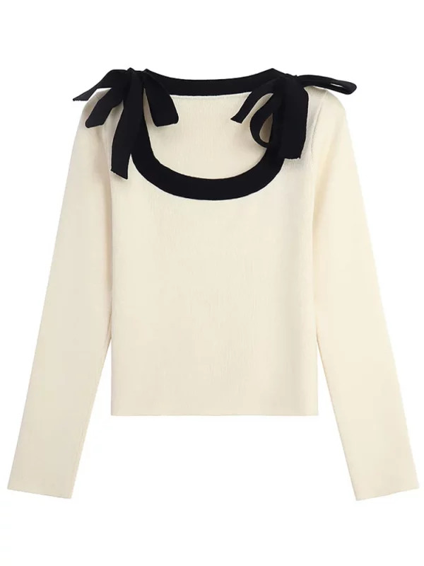 Y2K Inspired Square Collar Sweater - Korean Fashion Long Sleeve Contrast Color Jumper