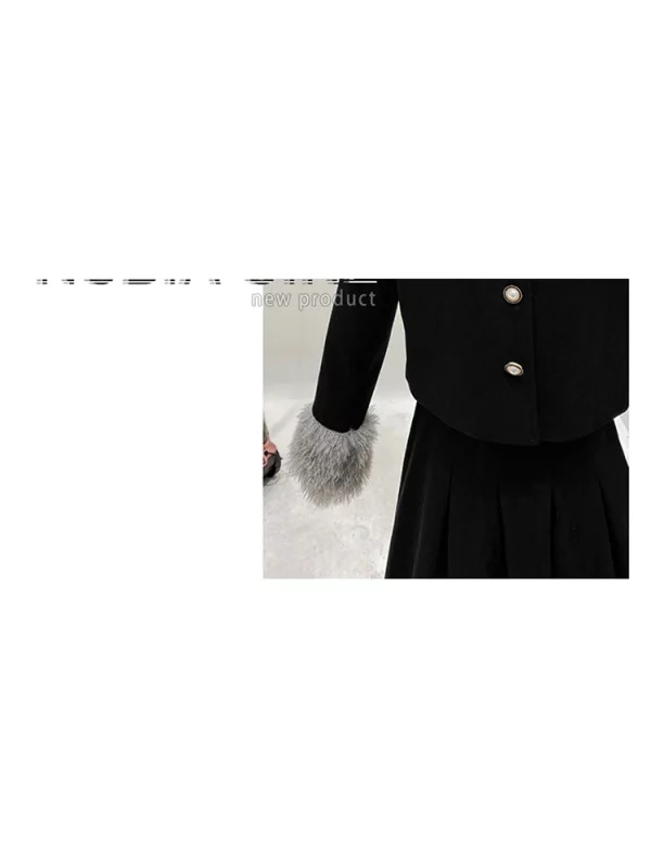 Y2K Inspired Women's 2-Piece Set: Fluffy Patchwork Crop Jacket + A-line Pleated Skirt