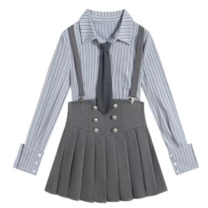 Y2K Inspired Women's Fashion Set: Striped Blouse + High Waist Pleated Skirt