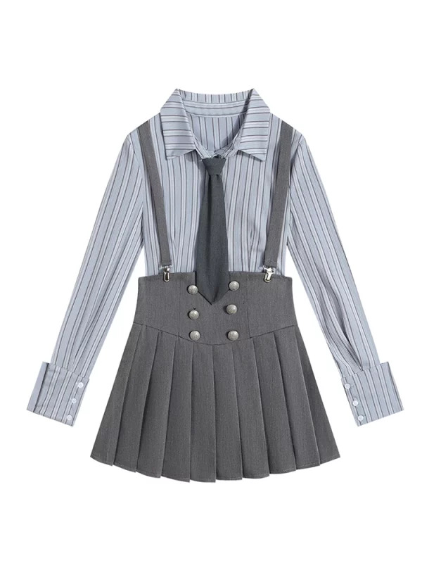 Y2K Inspired Women's Fashion Set: Striped Blouse + High Waist Pleated Skirt