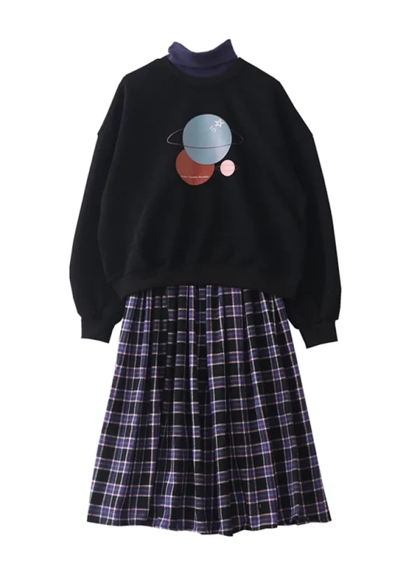 Y2K Inspired Women's Fashion Set: Turtleneck Pullover + High Waist Plaid Skirt