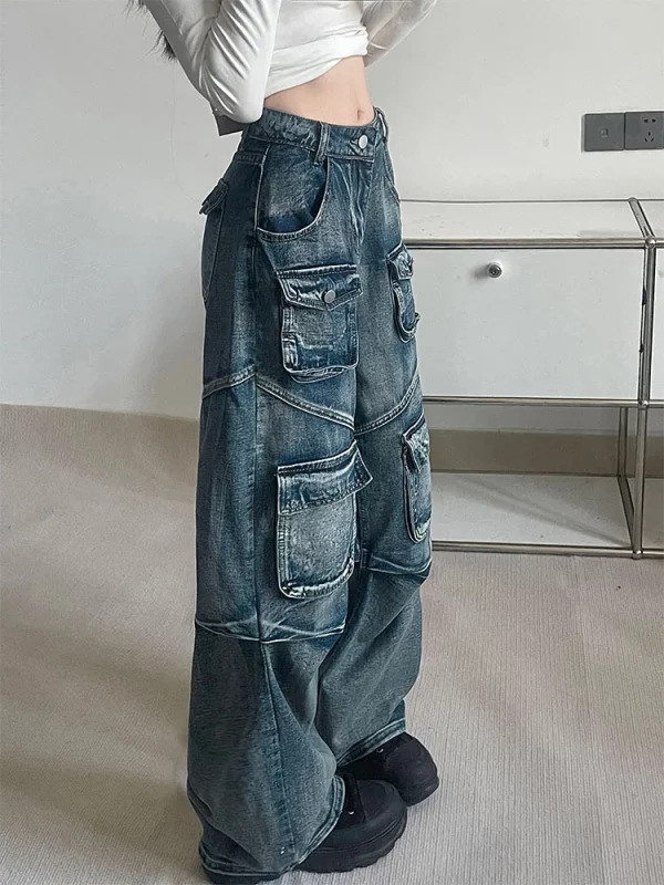 Y2K Japanese Streetwear Baggy Denim Pants - Grunge Cargo Cyber Punk Trashy Low Waisted Jeans