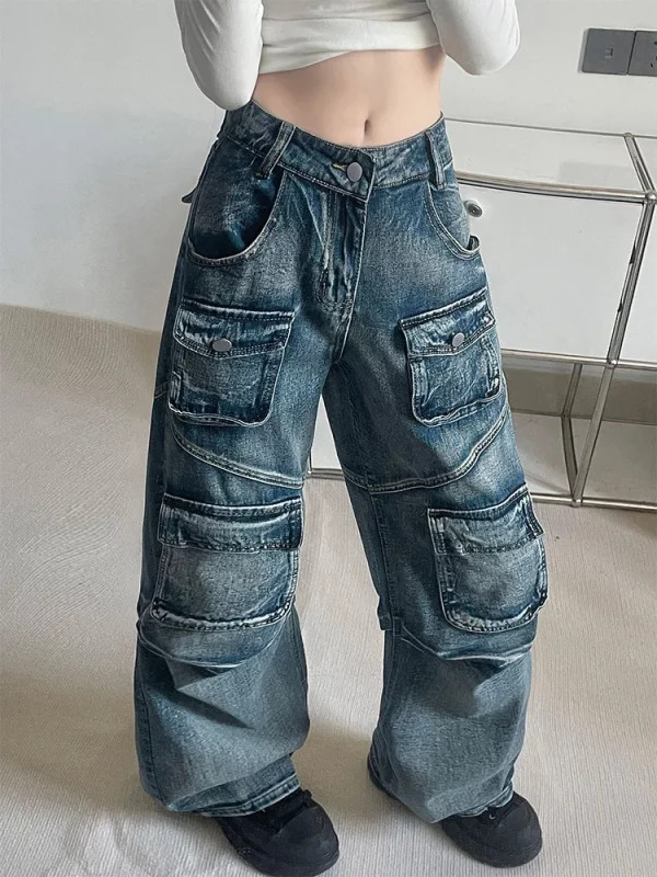 Y2K Japanese Streetwear Baggy Denim Pants - Grunge Cargo Cyber Punk Trashy Low Waisted Jeans