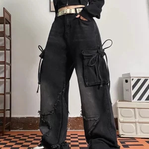 Y2K Japanese Streetwear Denim Cargo Pants - Grunge Baggy Loose Jeans - Dark Academia Aesthetic